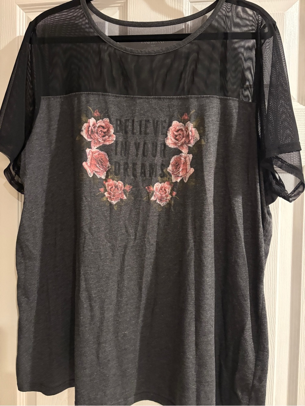 Lane Bryant Dark Gray Floral Graphic Tee with Sheer Yoke